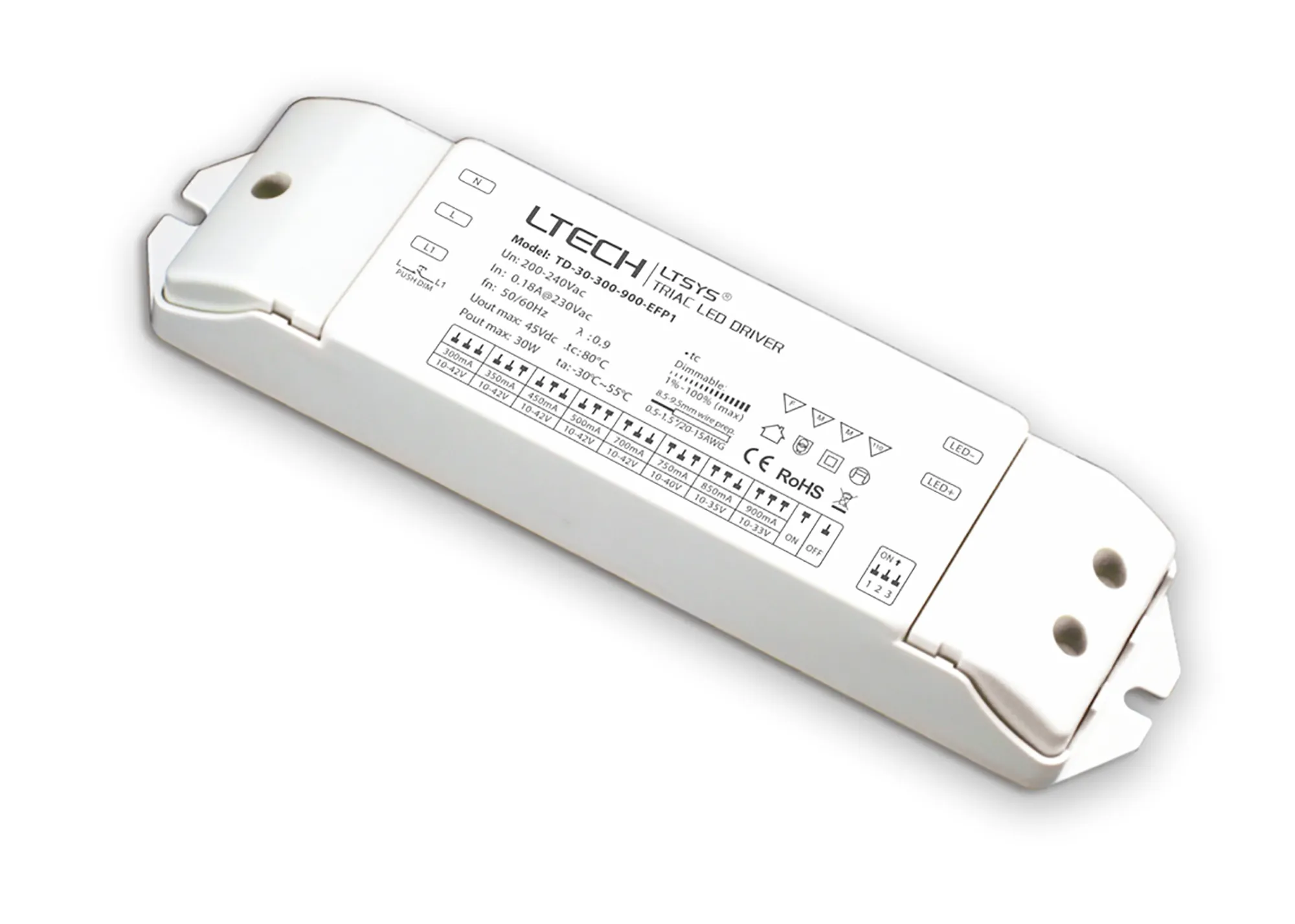 Triac/ELV Push Dim PWM 3-30W Current Dimmable Driver TD-30-300-900-EFP1  LTECH Triac Constant Current